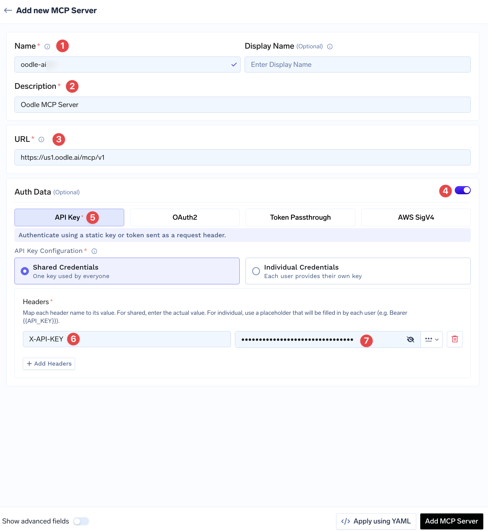 The TrueFoundry form filled in with an Oodle API key