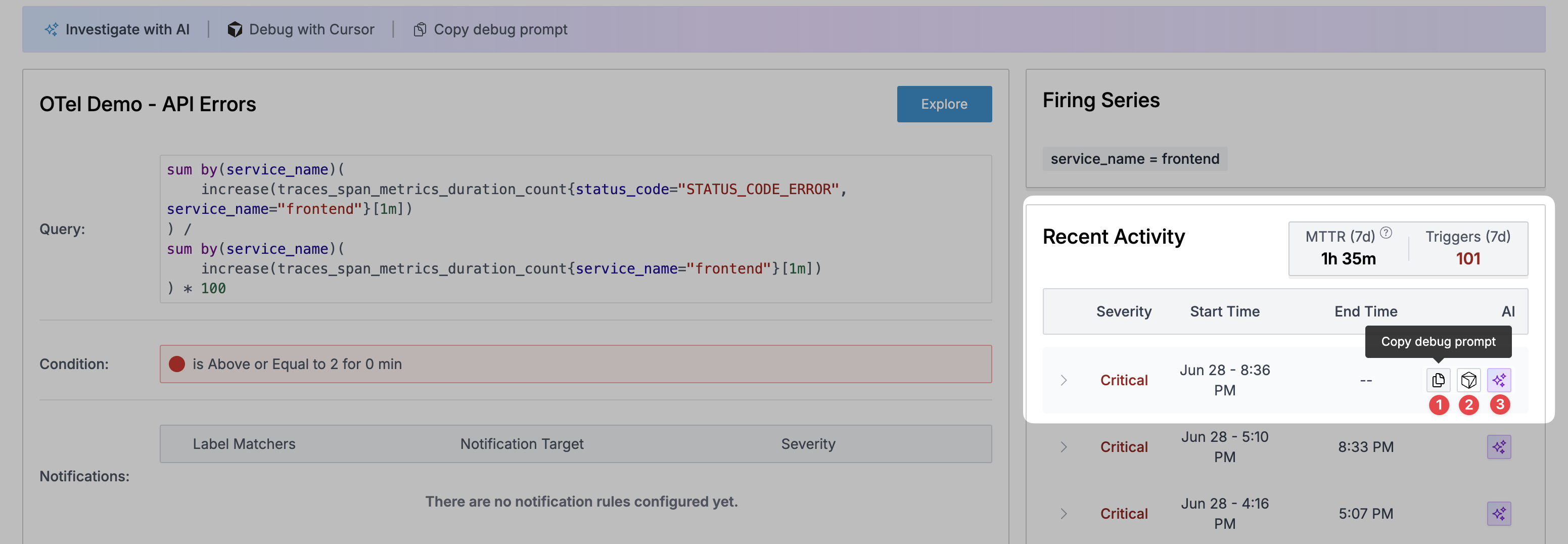Alert Recent Activity panel with AI action buttons highlighted