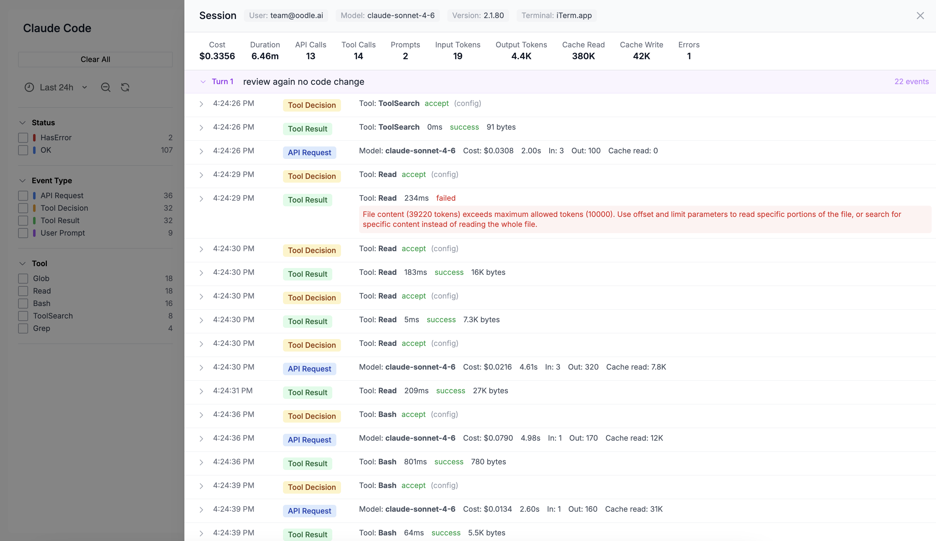 Session detail drawer with turn-by-turn timeline