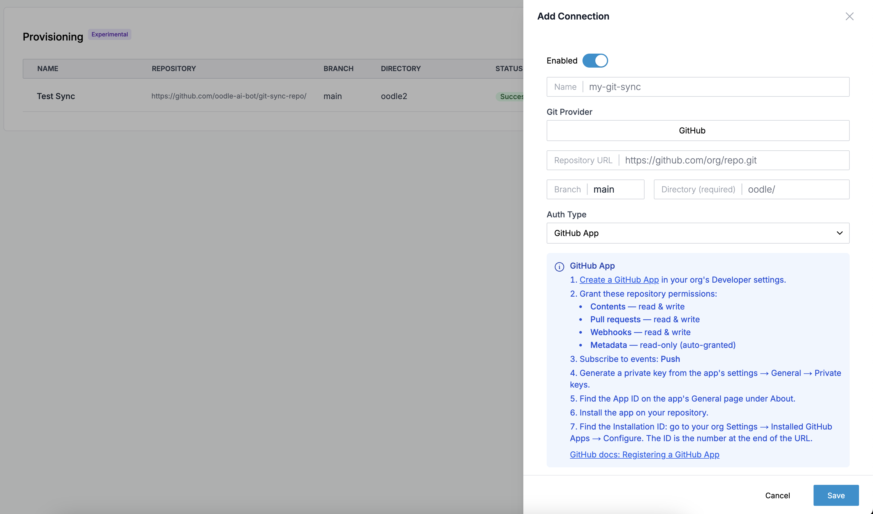 Add a new Git Sync connection