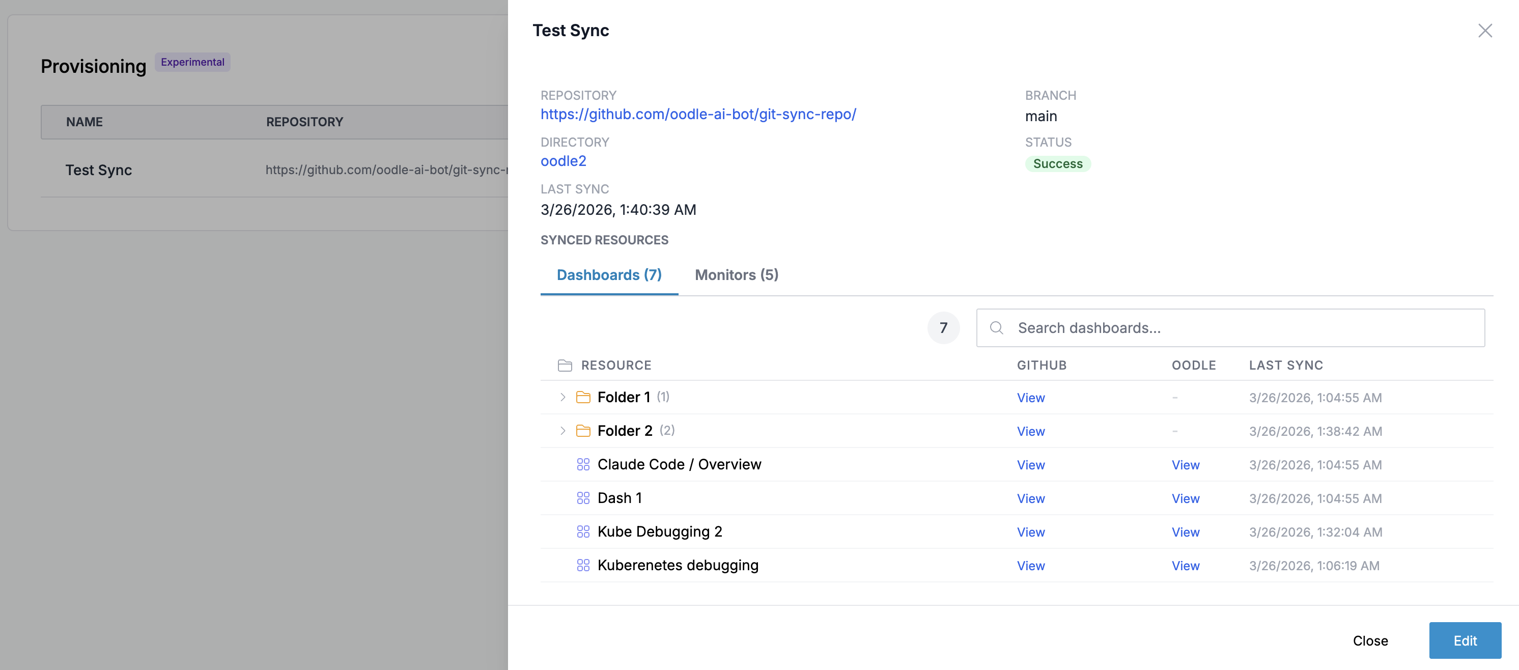 Git Sync connection status and synced resources