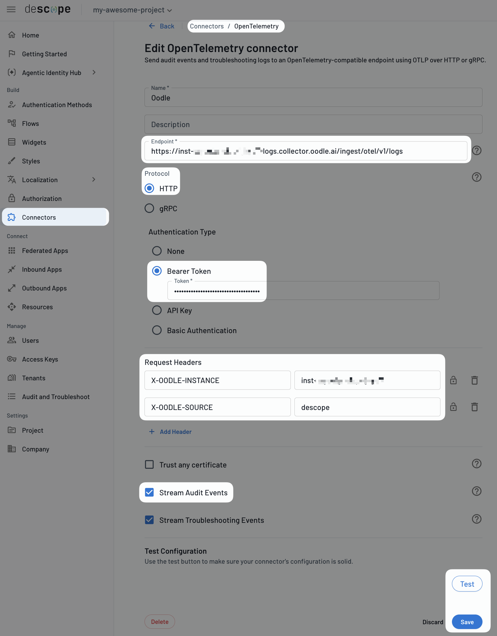 Descope OpenTelemetry connector setup