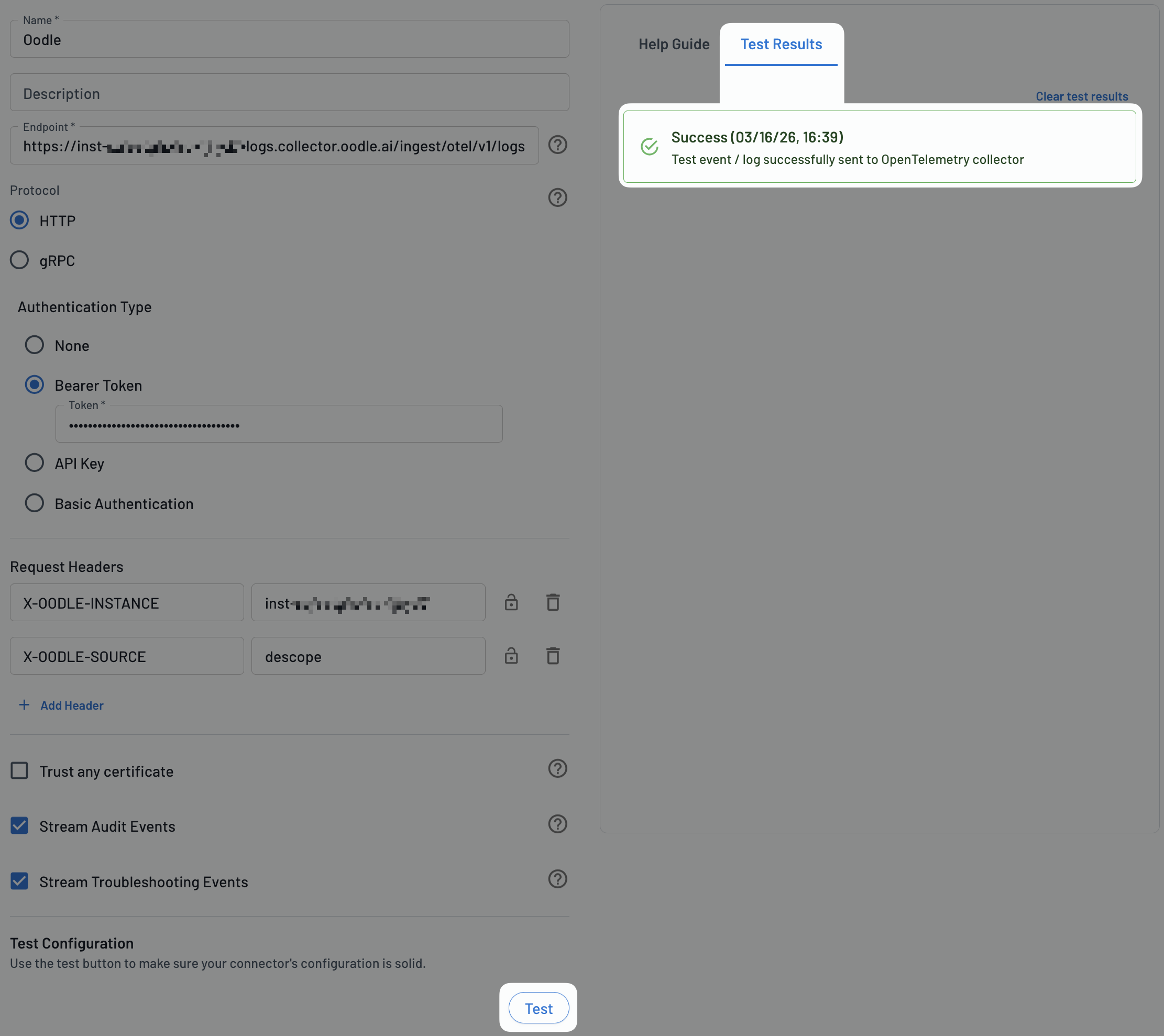 Descope OpenTelemetry connector test results