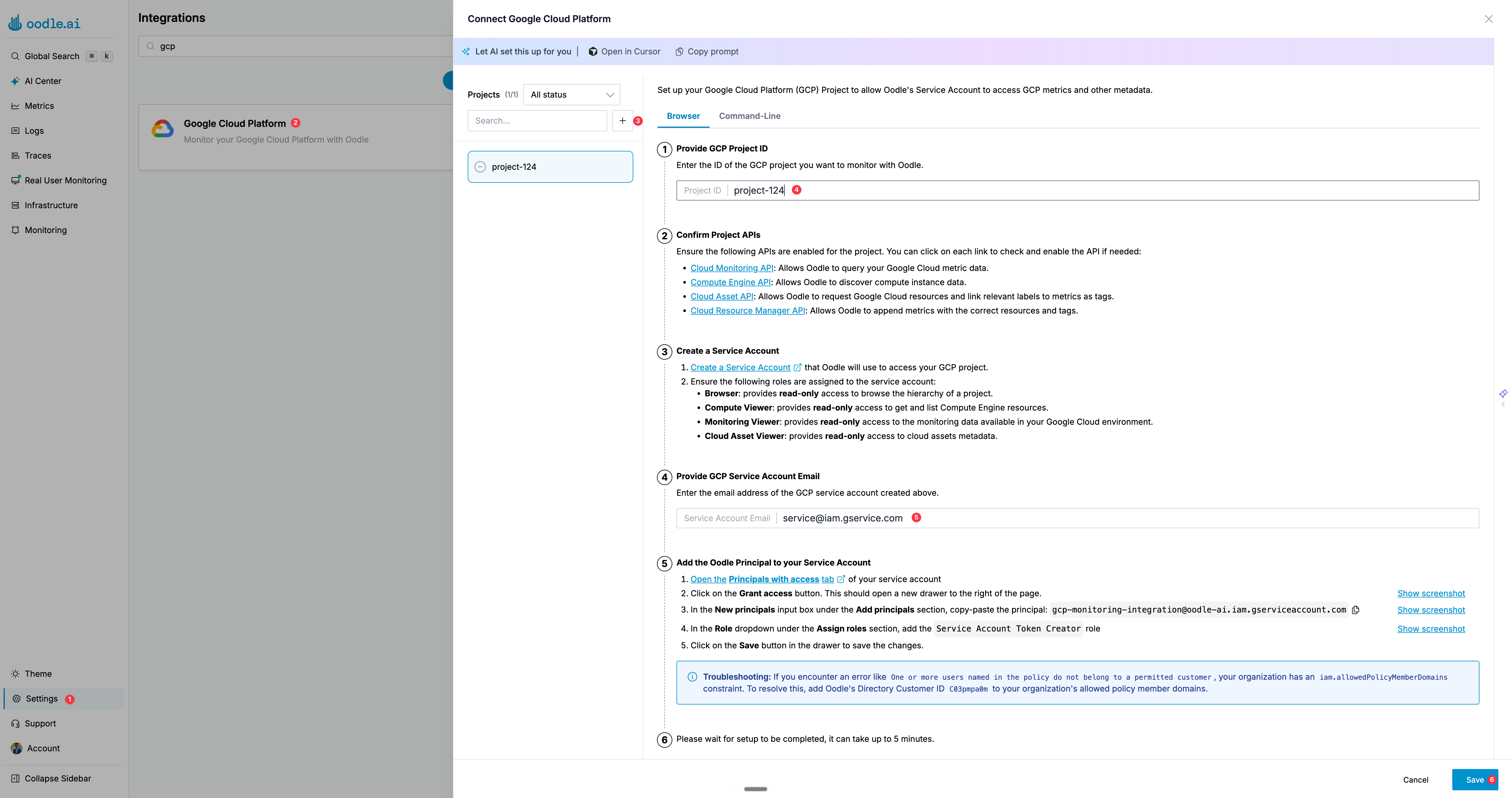 GCP integration setup in Oodle