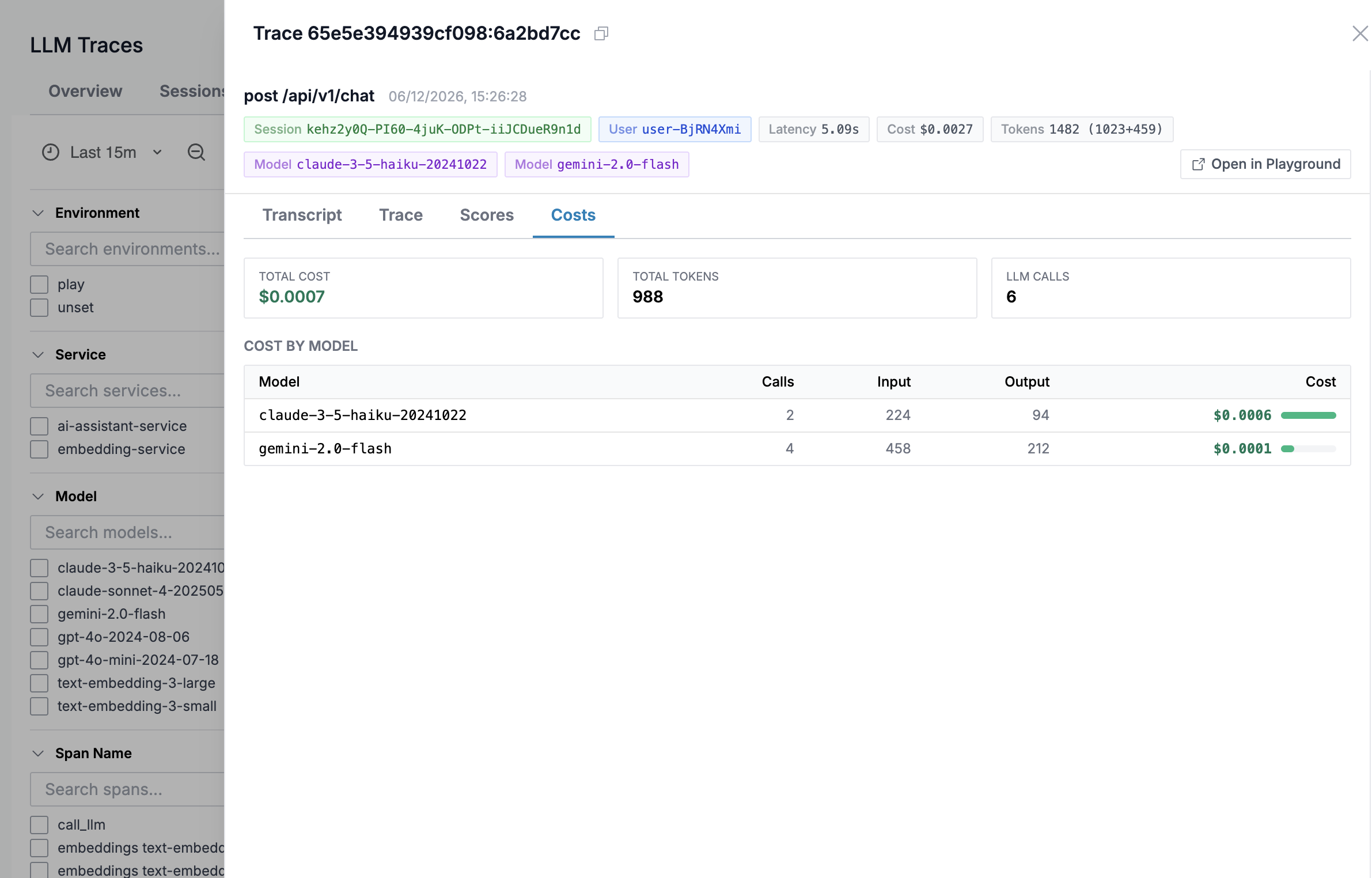 Costs tab showing total cost, tokens, and cost by model breakdown