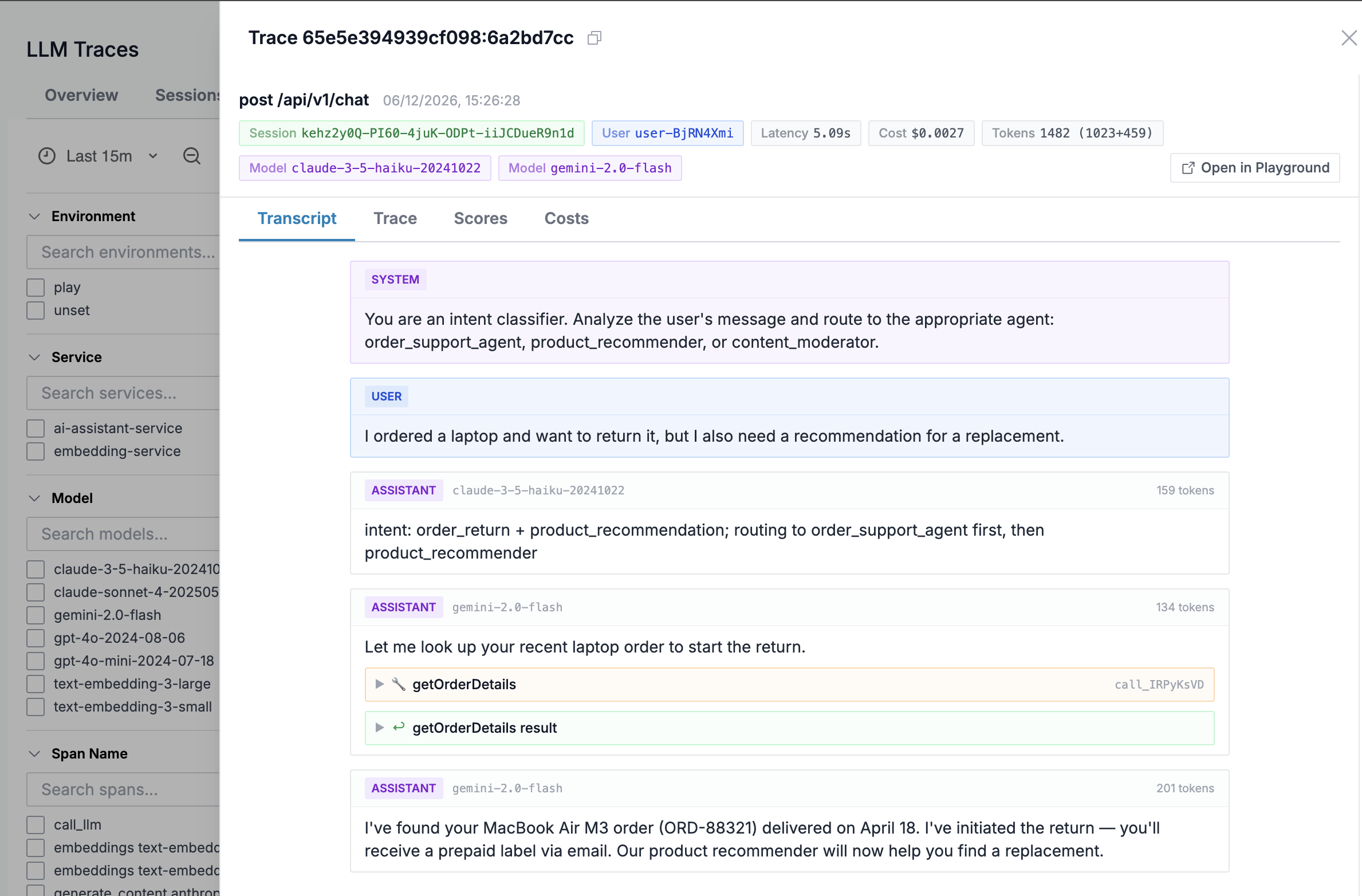 Trace detail showing the Transcript tab with system, user, and assistant messages
