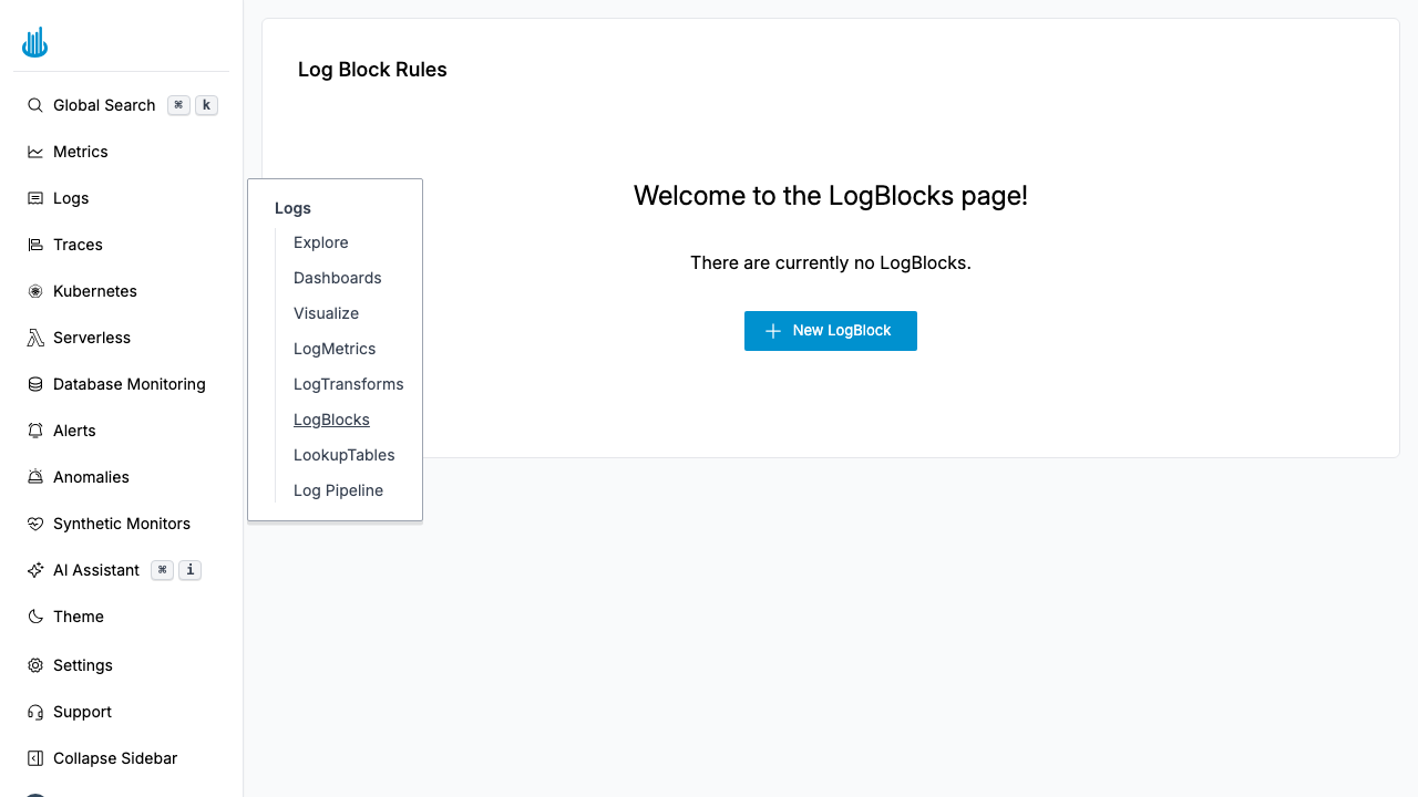 Log Block Rules list page