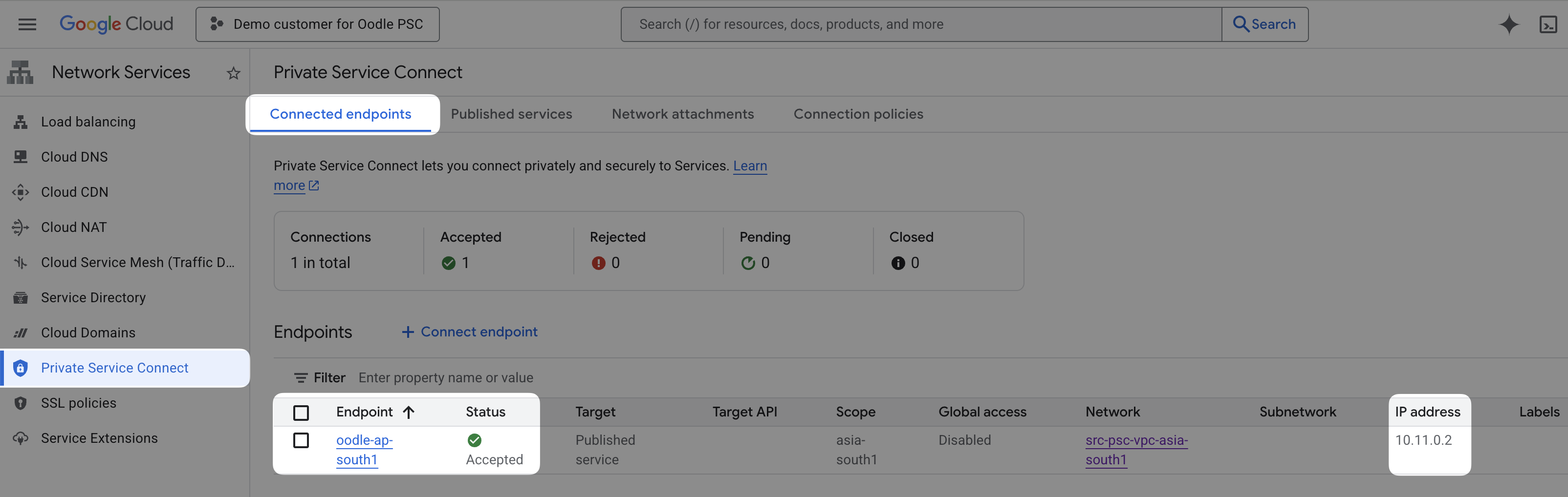 GCP console: Endpoint status is Accepted