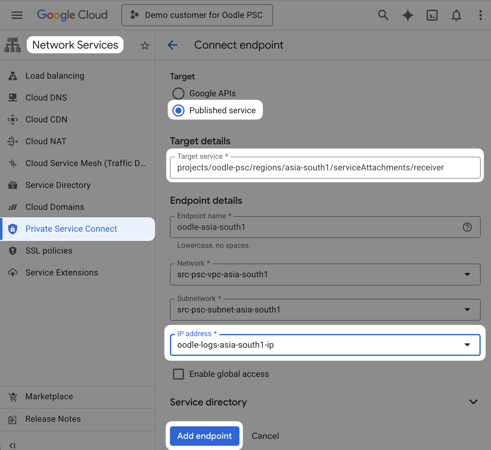 GCP console: Connect endpoint form for PSC