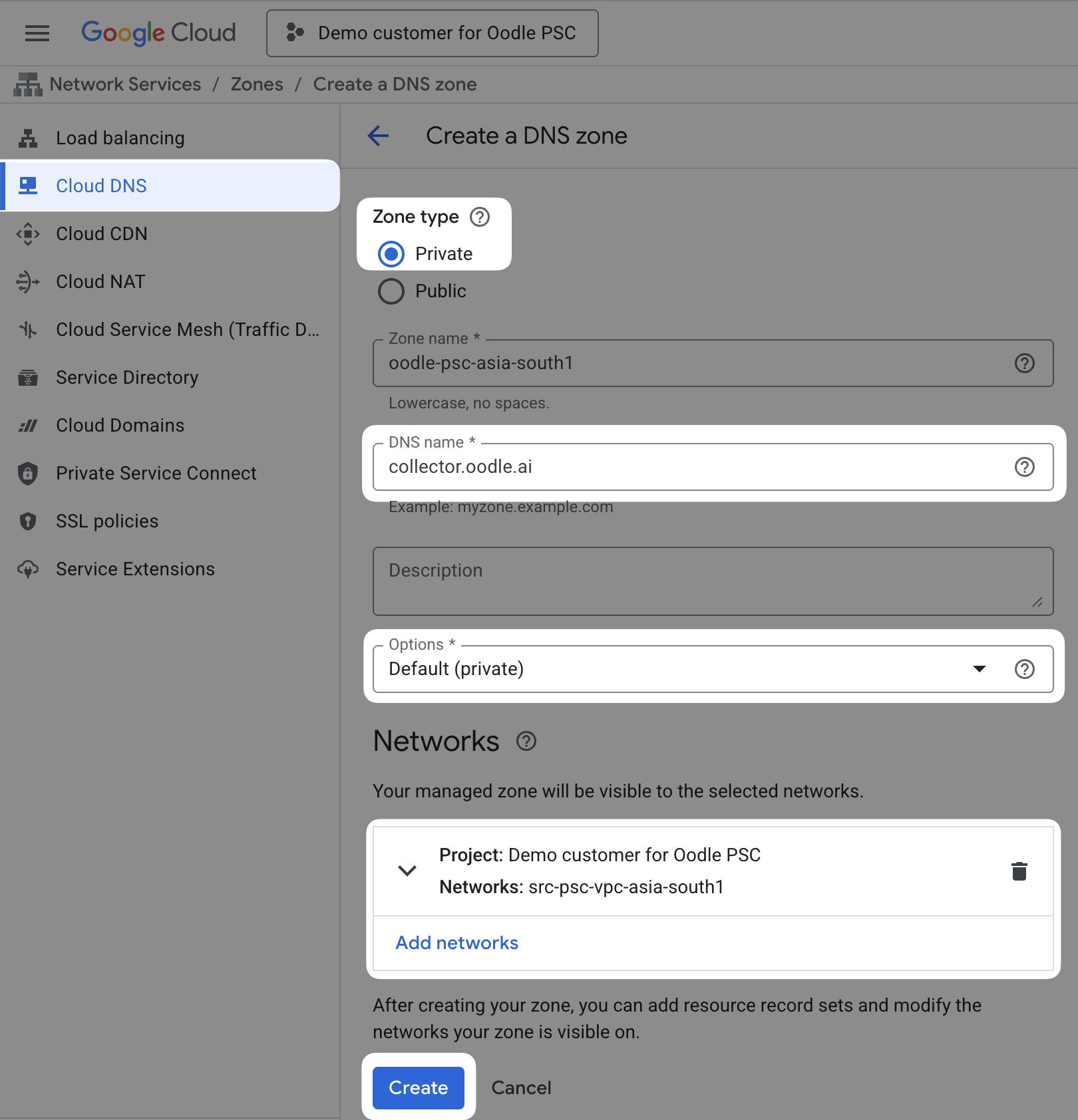 GCP console: Create DNS zone form
