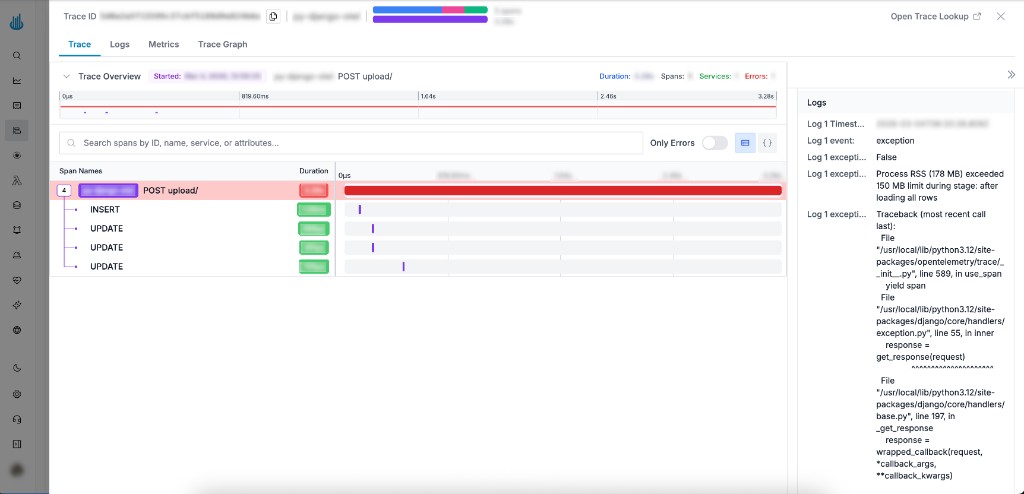 Exception stack trace captured in Oodle Trace UI