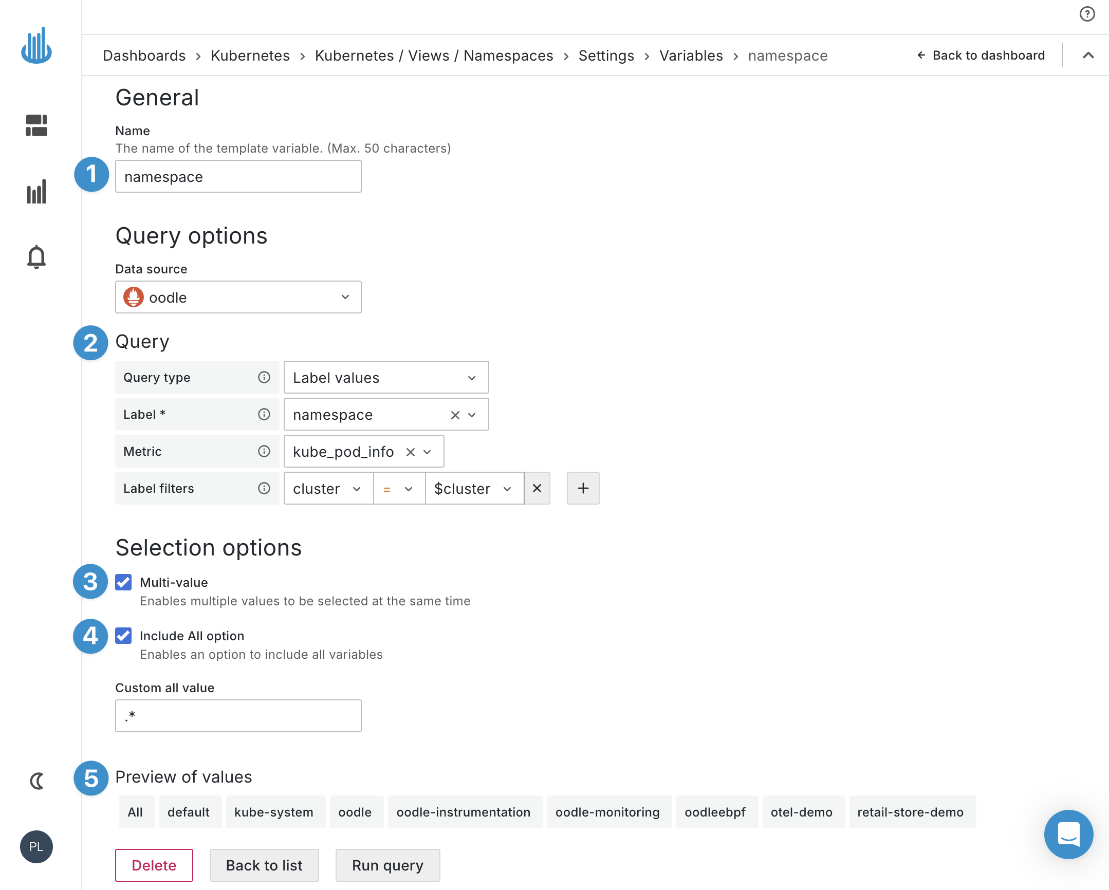 Dashboard variable namespace configuration